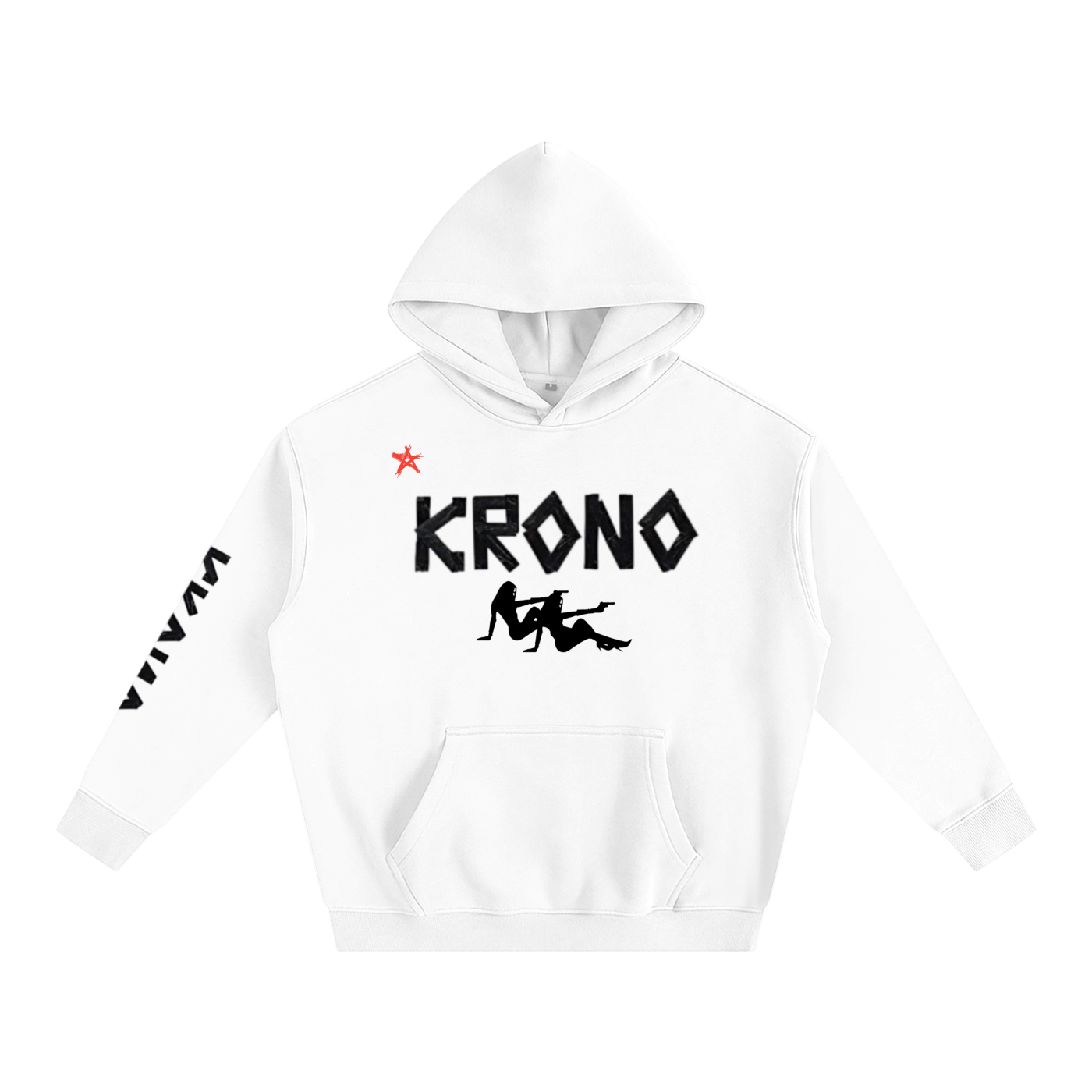 White hoodie with black and red text on a white background