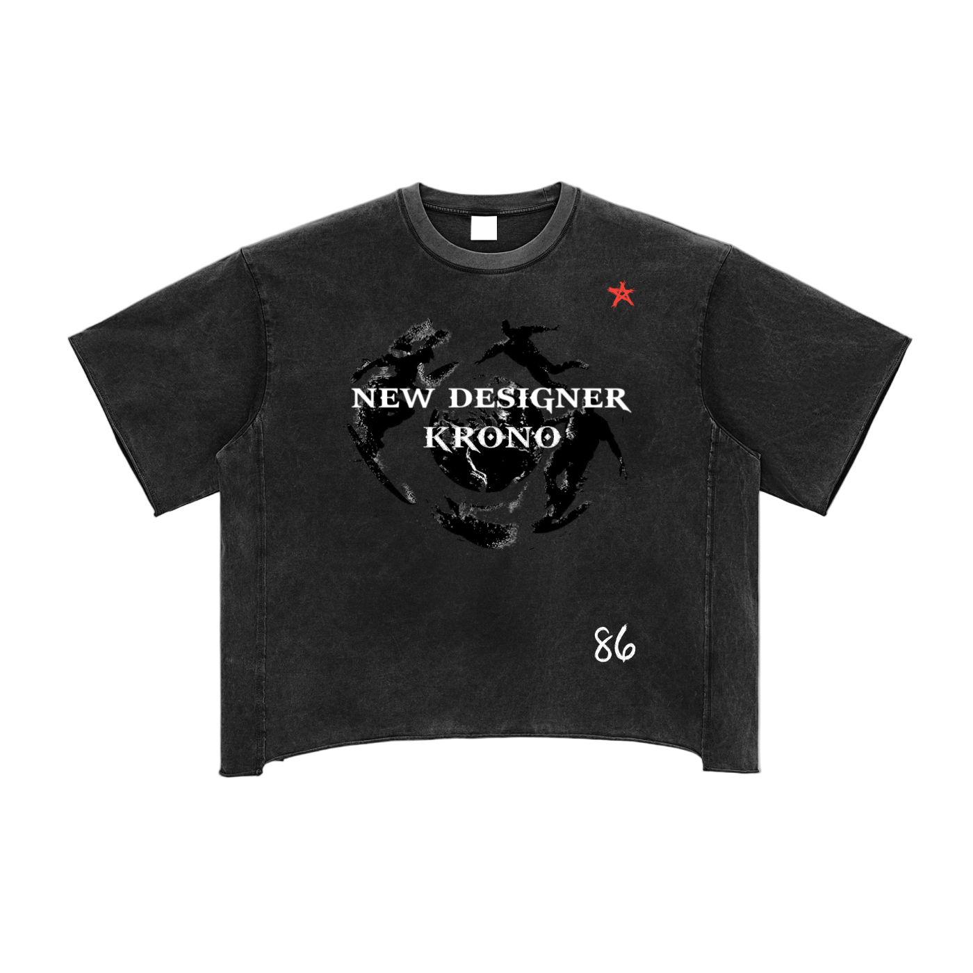 Black t-shirt with graphic design and text on a white background