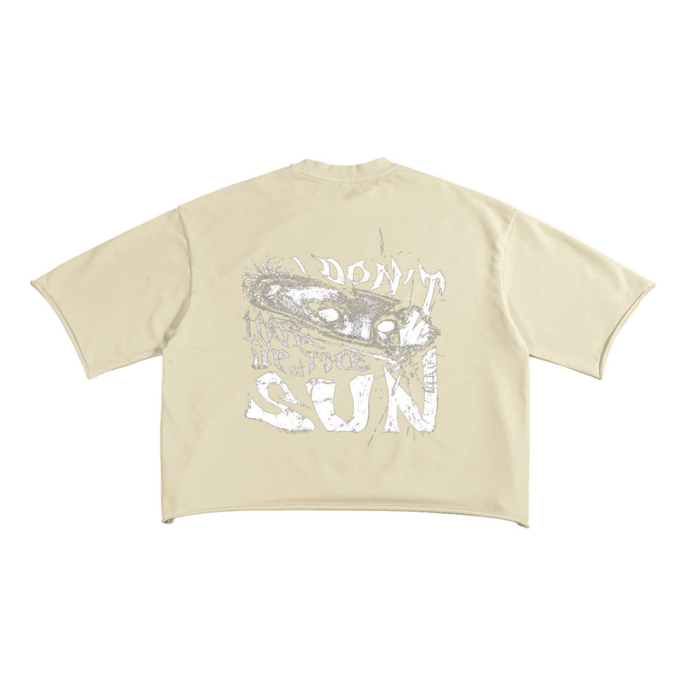 Beige t-shirt with graphic design and text on a white background