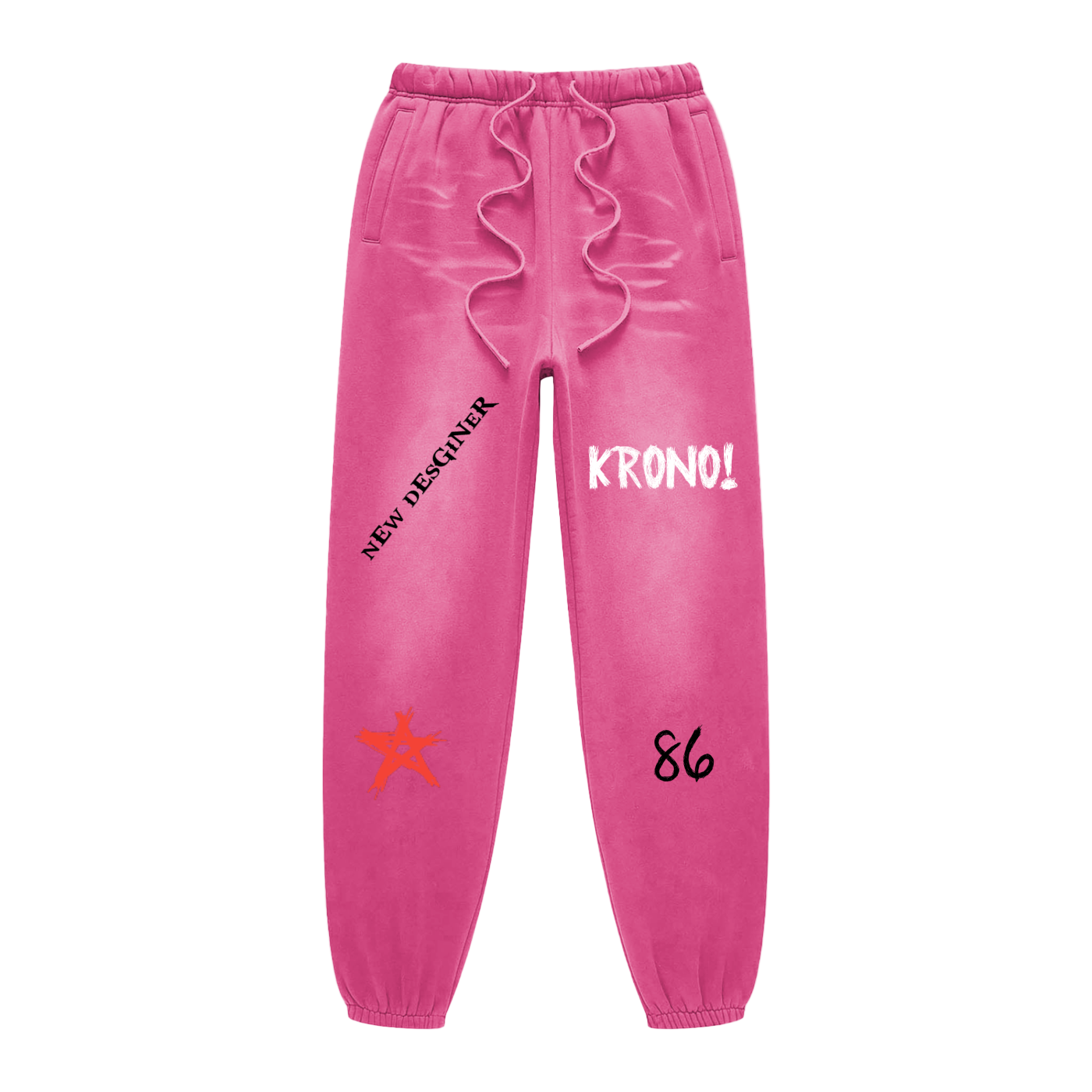 Pink sweatpants with text and a star design on a white background