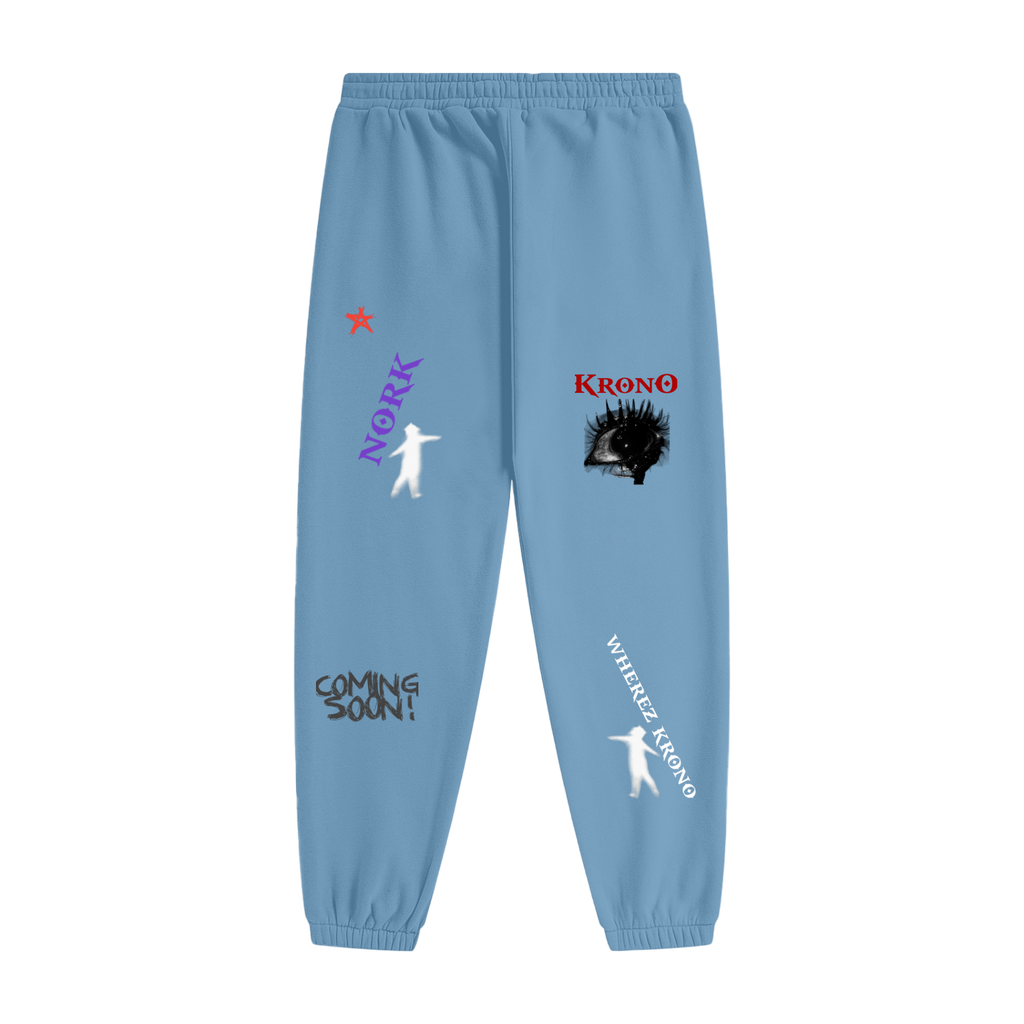Light blue sweatpants with various graphics and text on a white background