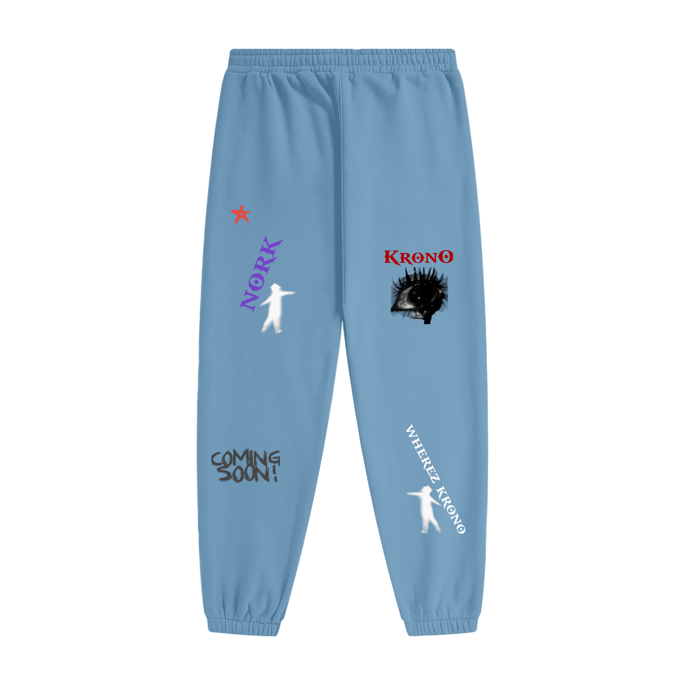 Light blue sweatpants with various graphics and text on a white background