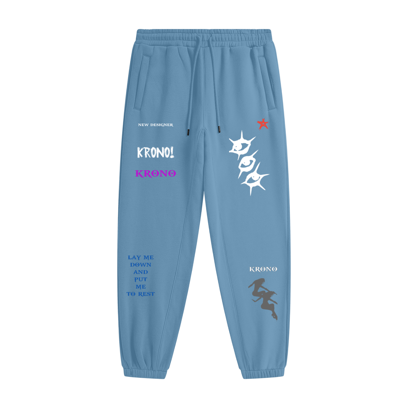 Blue sweatpants with various designs and text on a white background