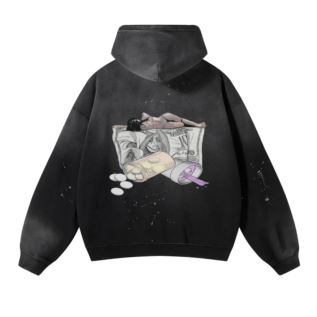 Black hoodie with graphic design on the back featuring money, a roll of cash, and a pink object.