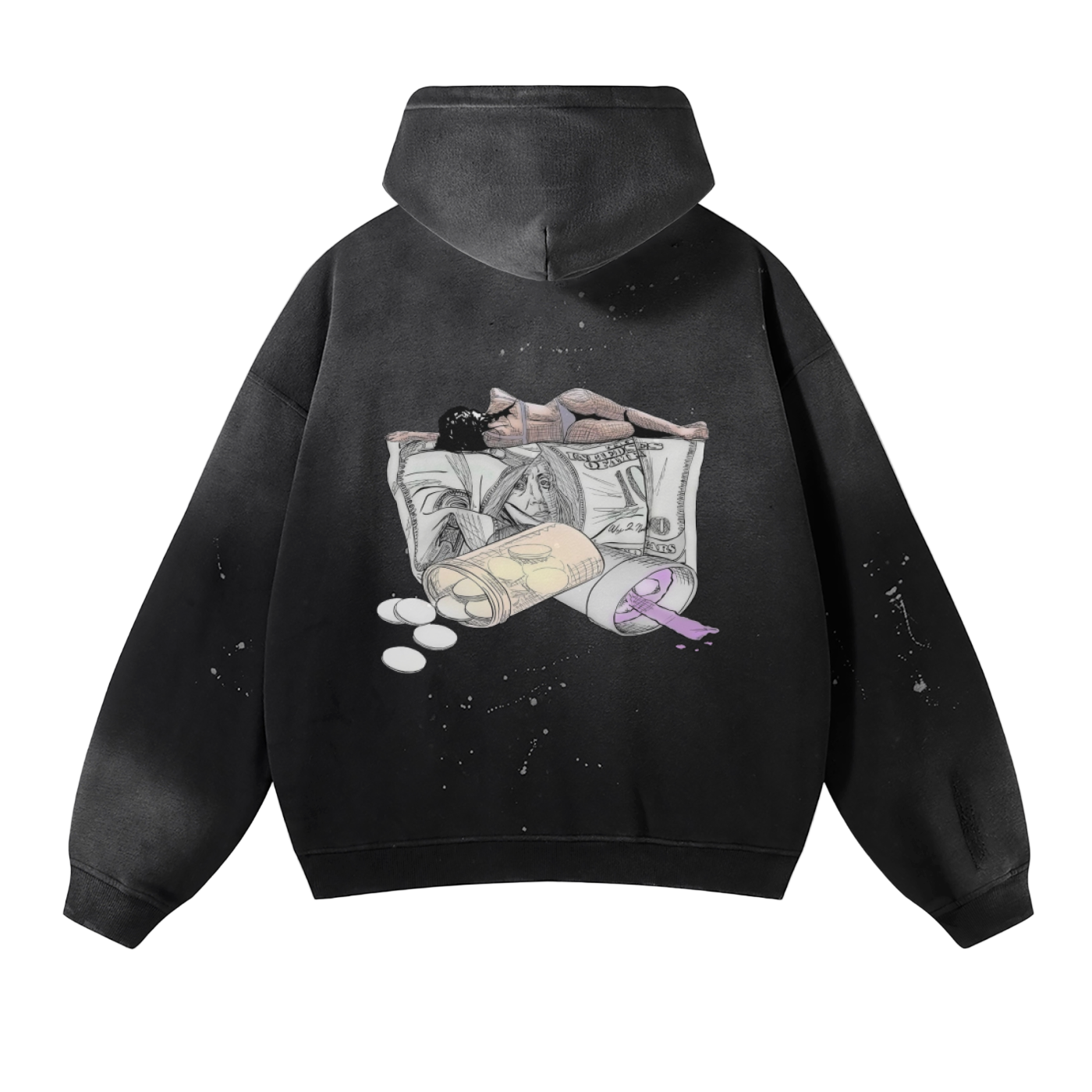 Black hoodie with graphic design on the back featuring money, a roll of cash, and a pink object.