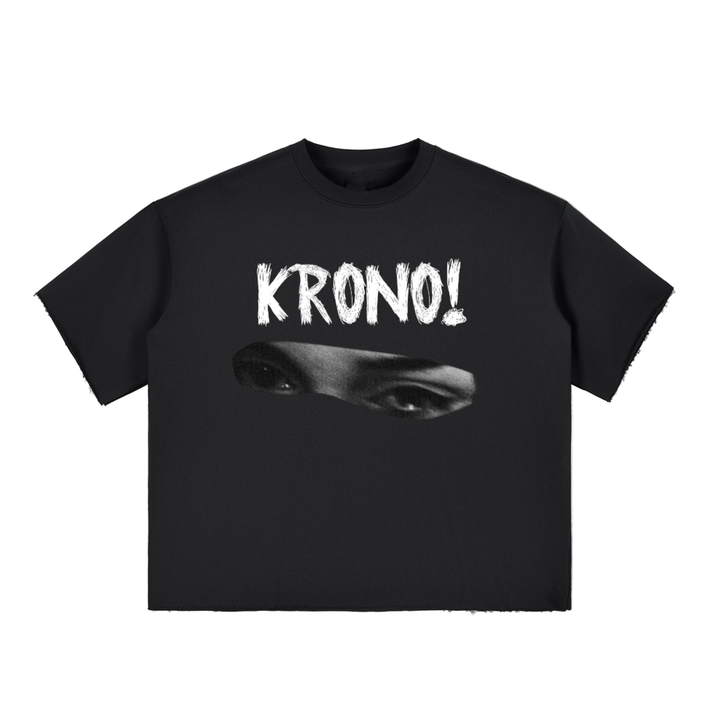 Black t-shirt with 'KRONO!' text and a face design on a white background