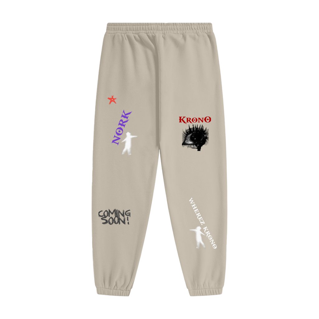 Beige sweatpants with various graphics and text on a white background