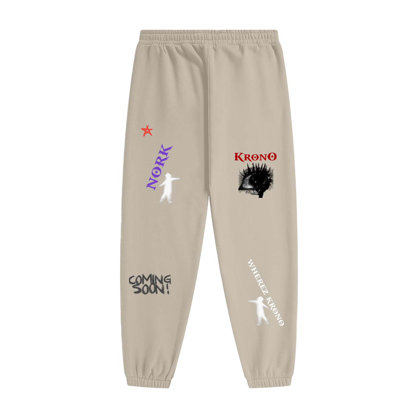 Beige sweatpants with various graphics and text on a white background