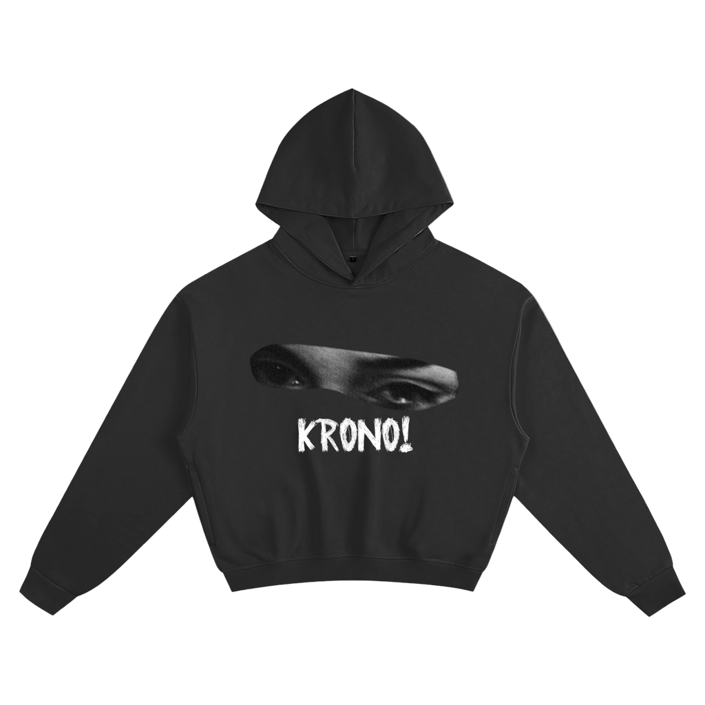 Black hoodie with a graphic design and 'KRONO!' text on a white background