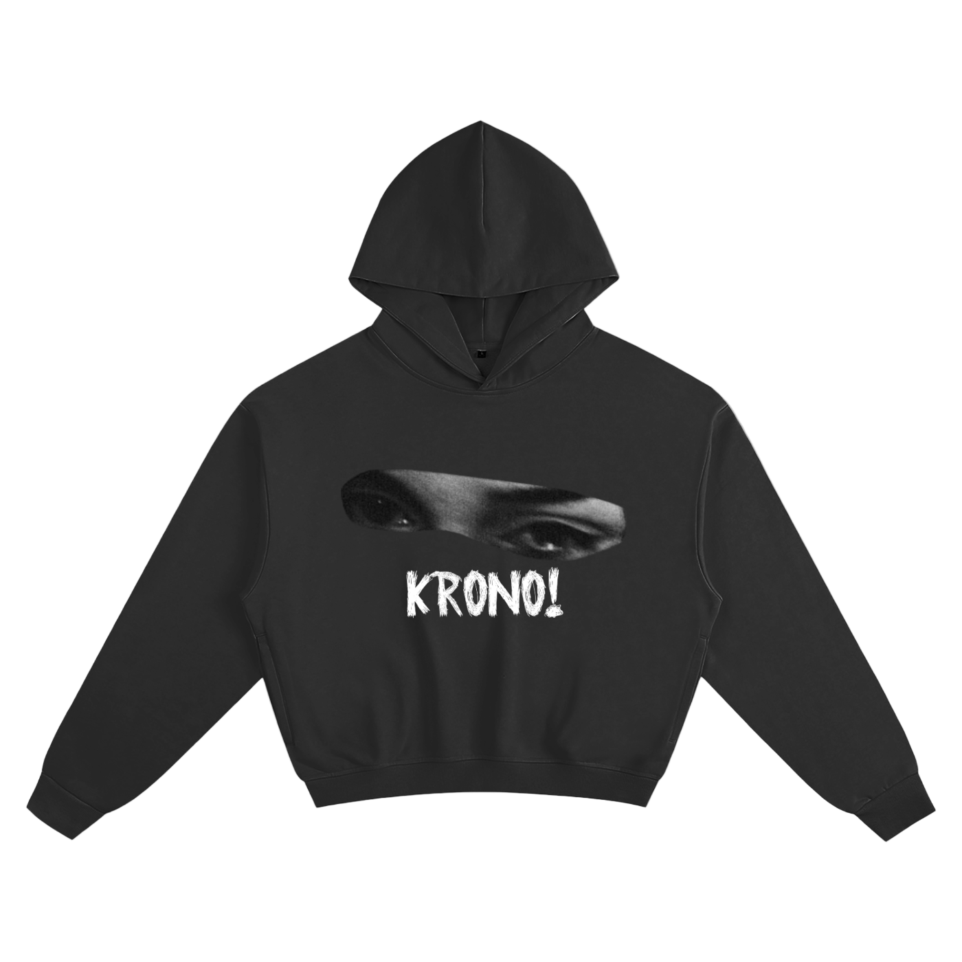 Black hoodie with a graphic design and 'KRONO!' text on a white background