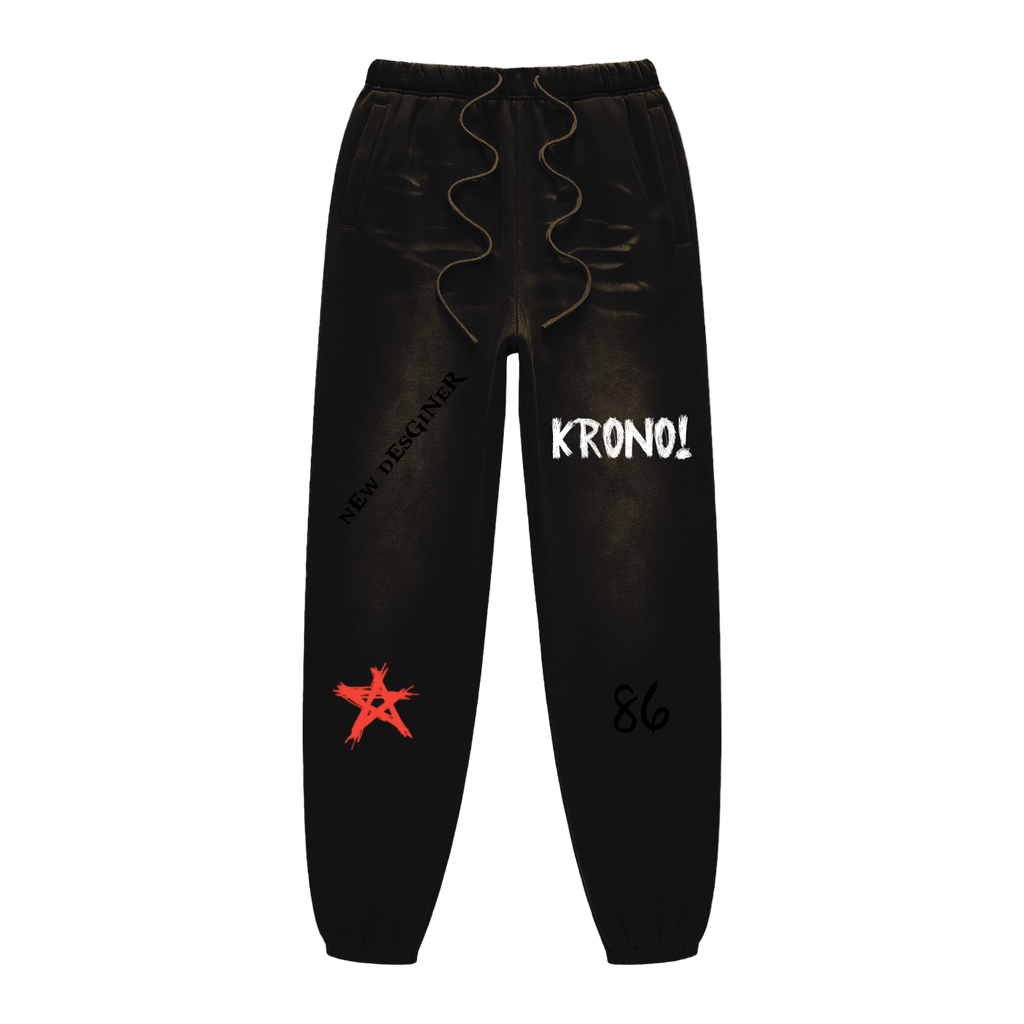Black pants with text and a red star on a white background