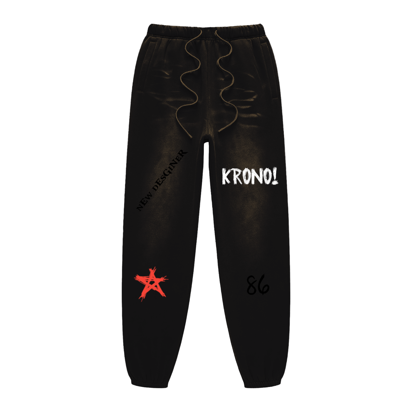 Black pants with text and a red star on a white background