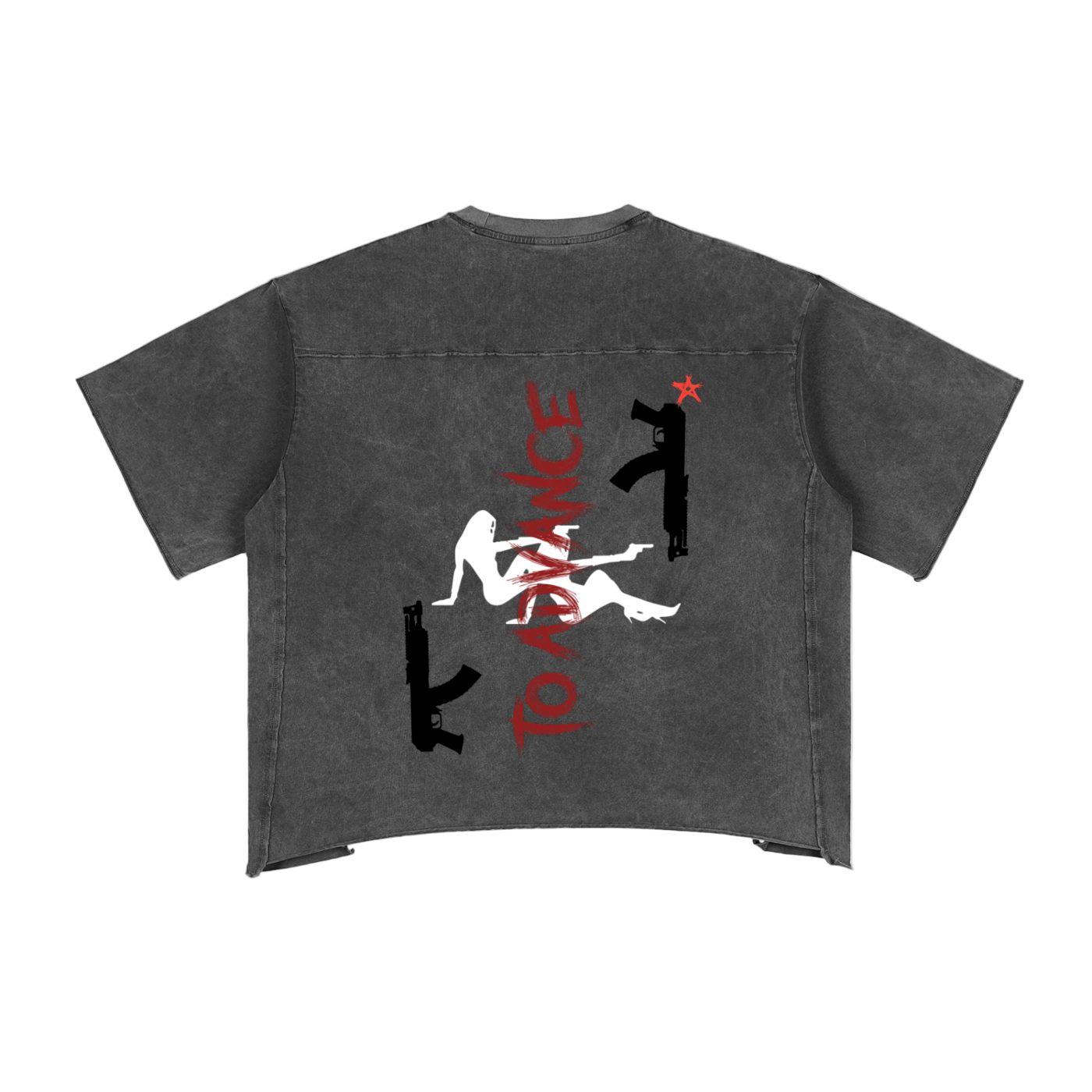 Dark gray t-shirt with graphic design and text on a white background