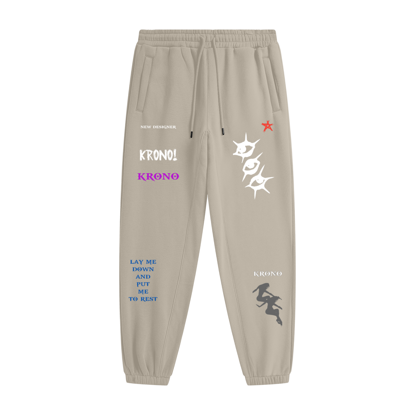 Beige sweatpants with various text and graphics on a white background