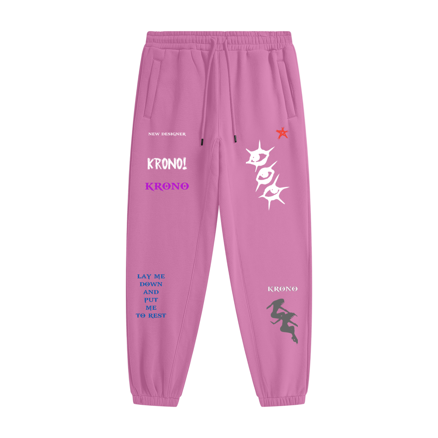Pink sweatpants with various designs and text on a white background