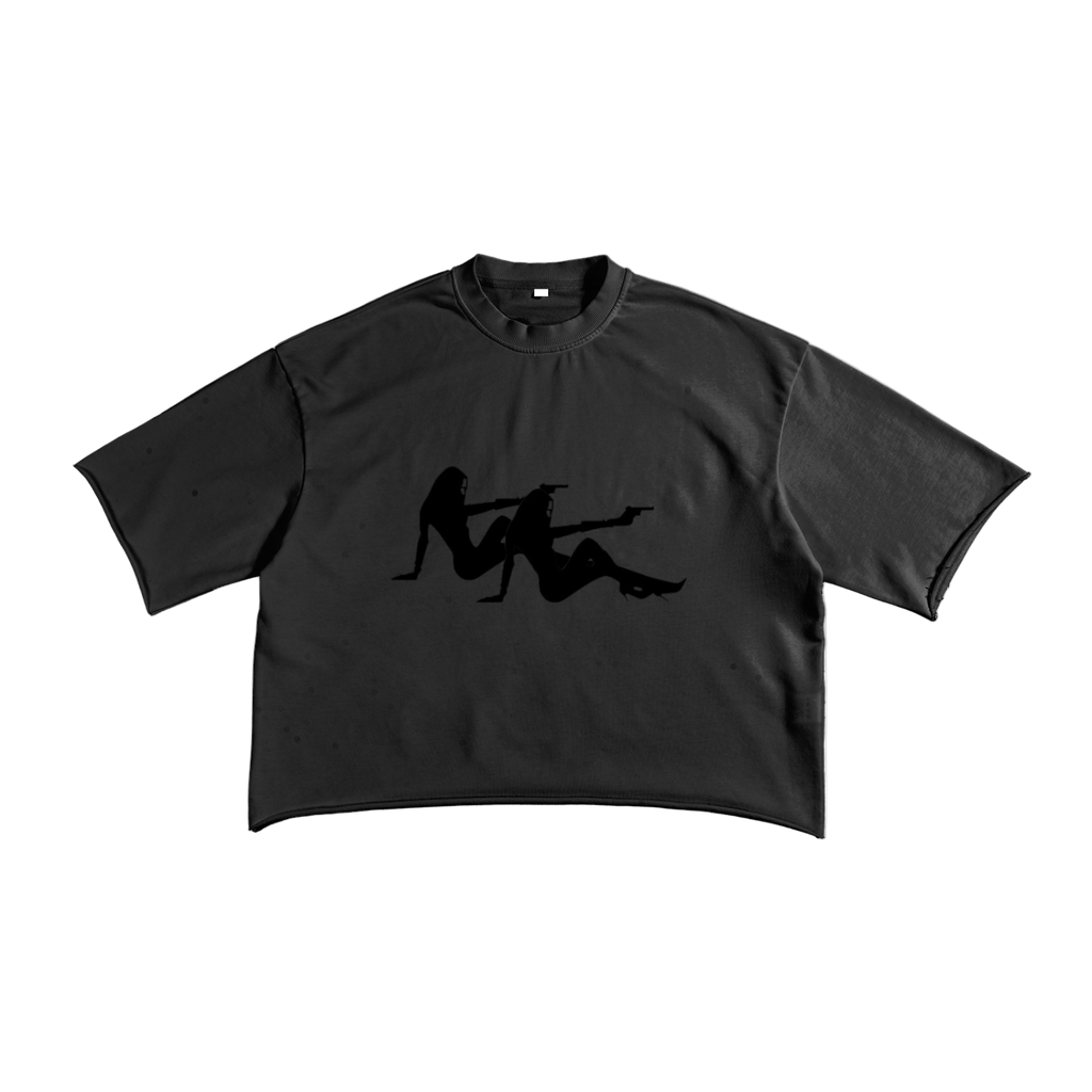 Black t-shirt with a graphic of a person on high heels and a guitar on a white background