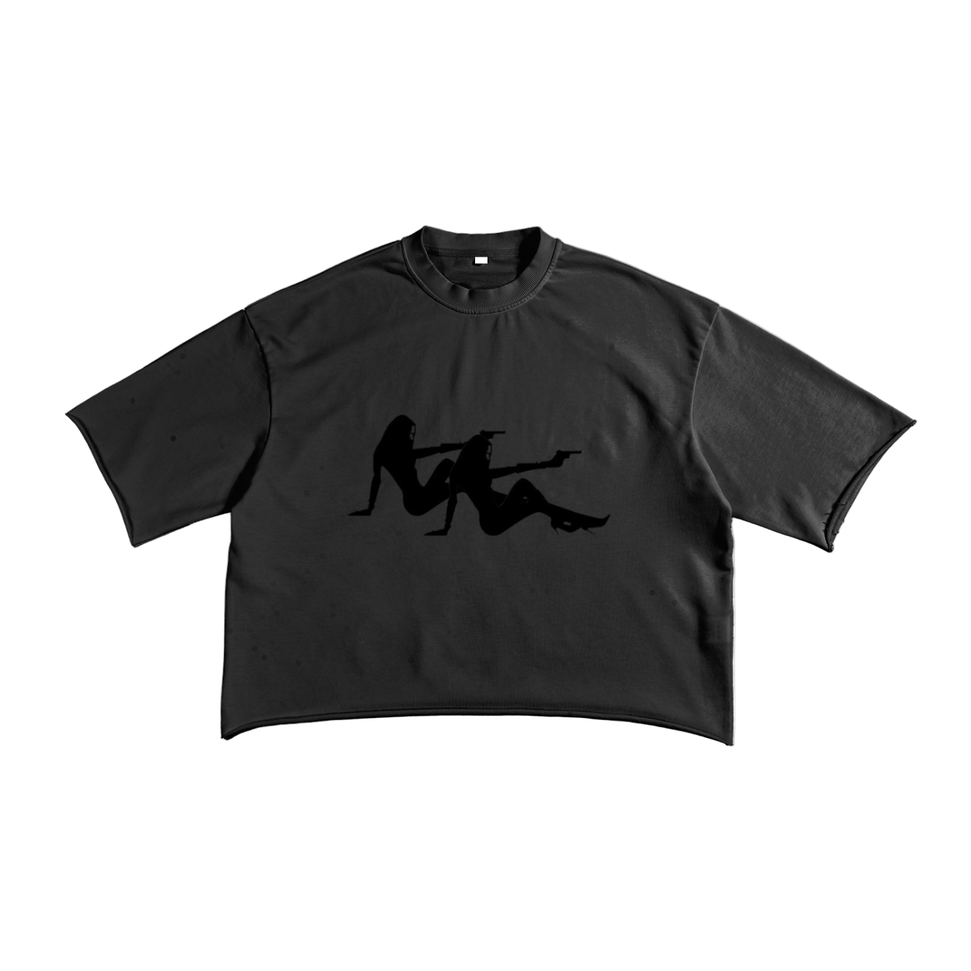 Black t-shirt with a graphic of a person on high heels and a guitar on a white background