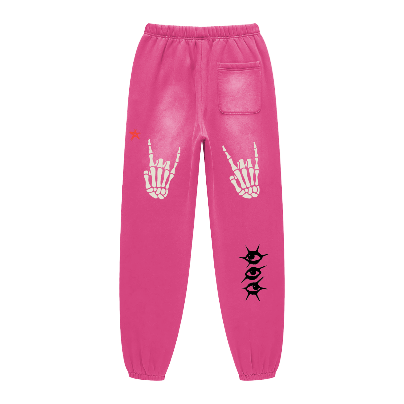 Pink sweatpants with skeleton hand and fish designs on a white background