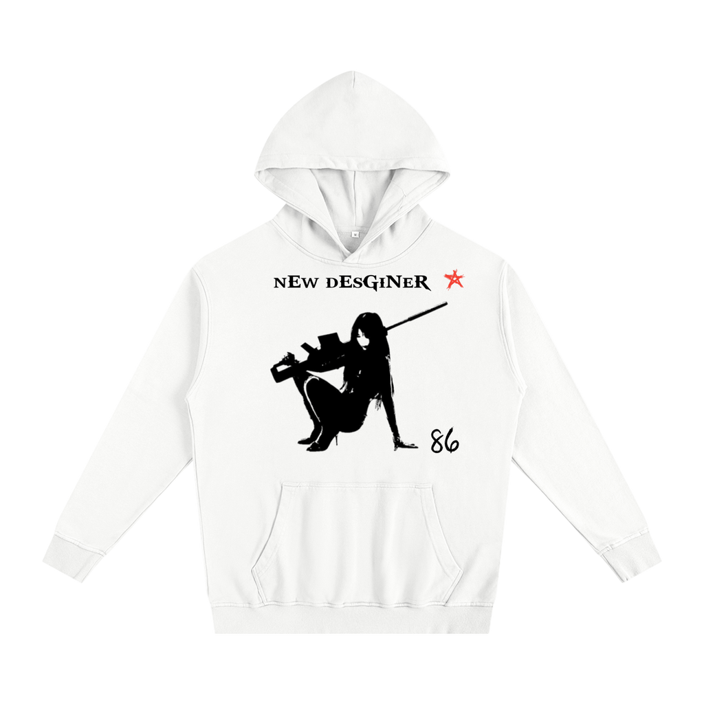 White hoodie with black graphic design on a white background