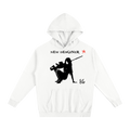 White hoodie with black graphic design on a white background