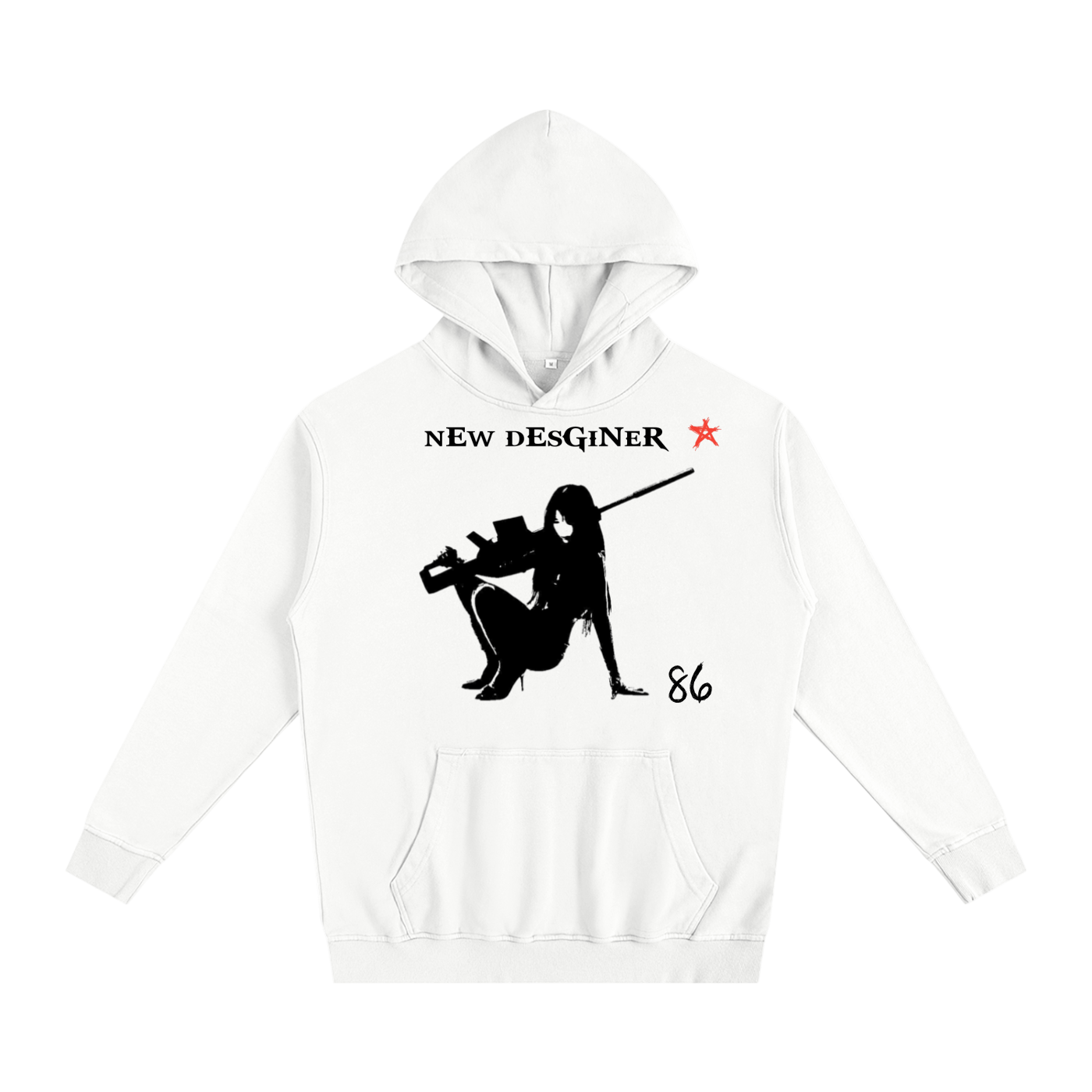 White hoodie with black graphic design on a white background