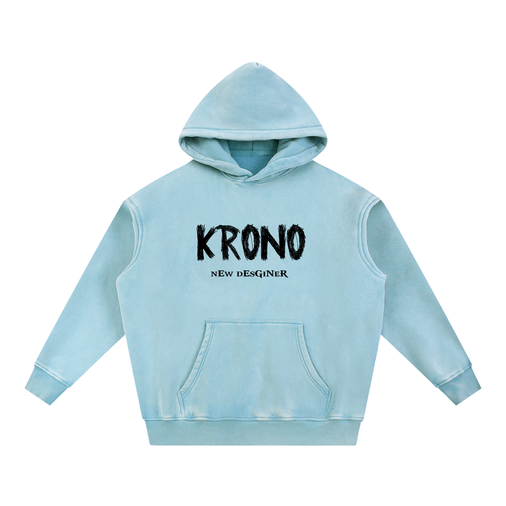 Light blue hoodie with 'KRONO NEW DESGINER' text on a white background