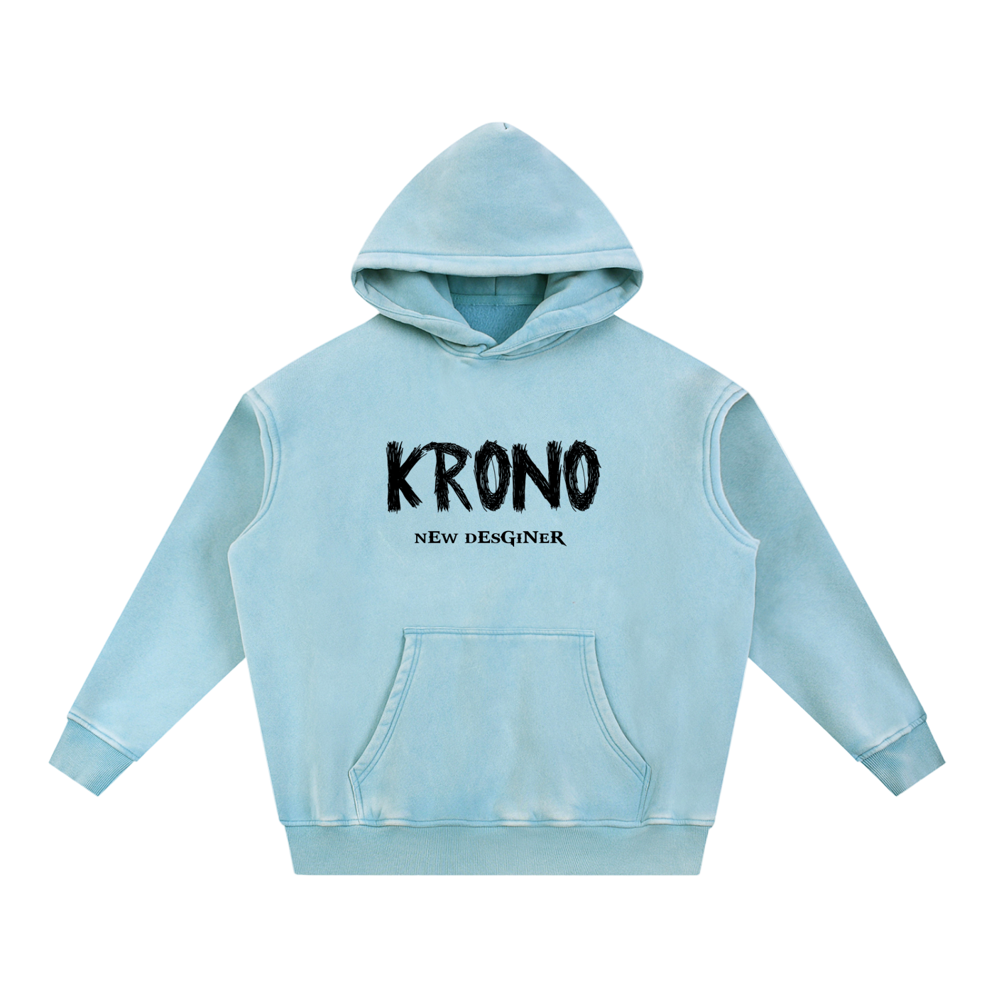 Light blue hoodie with 'KRONO NEW DESGINER' text on a white background