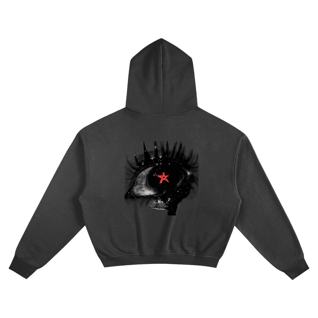Black hoodie with a unique design on the back against a white background