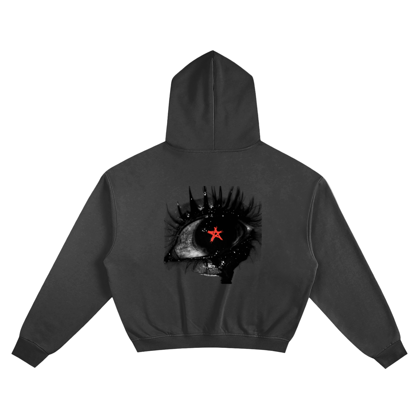 Black hoodie with a unique design on the back against a white background