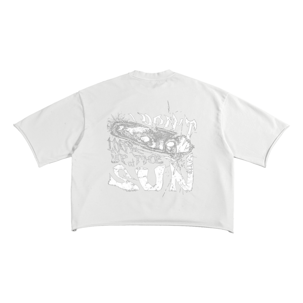 White t-shirt with graphic design and text on a white background