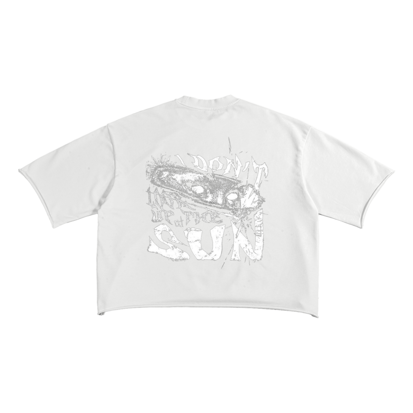 White t-shirt with graphic design and text on a white background