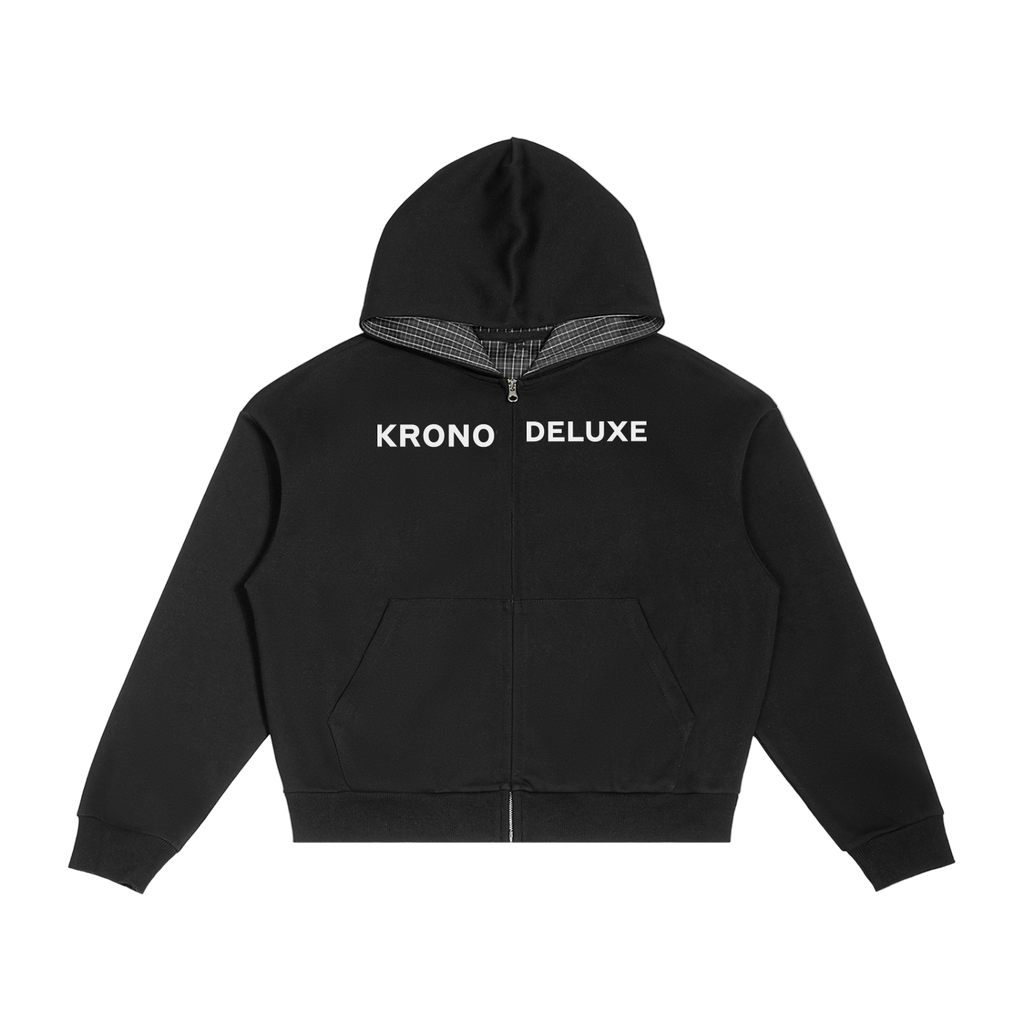 Deluxe Contrast Plaid Boxy Zip Hoodie