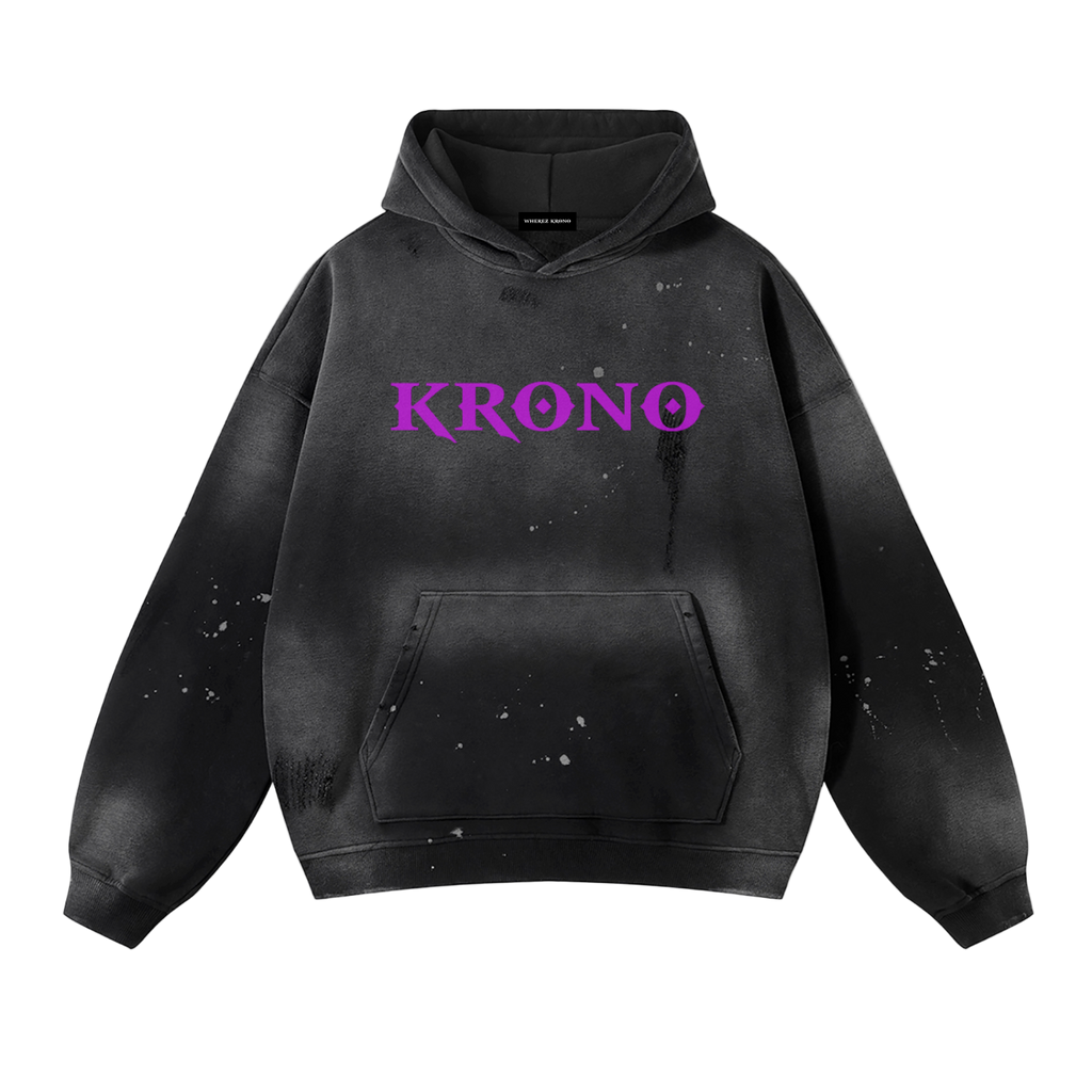 Black hoodie with 'KRONO' text in purple on a white background