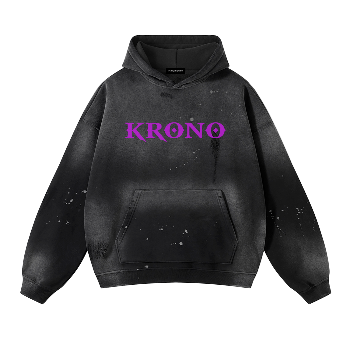 Black hoodie with 'KRONO' text in purple on a white background