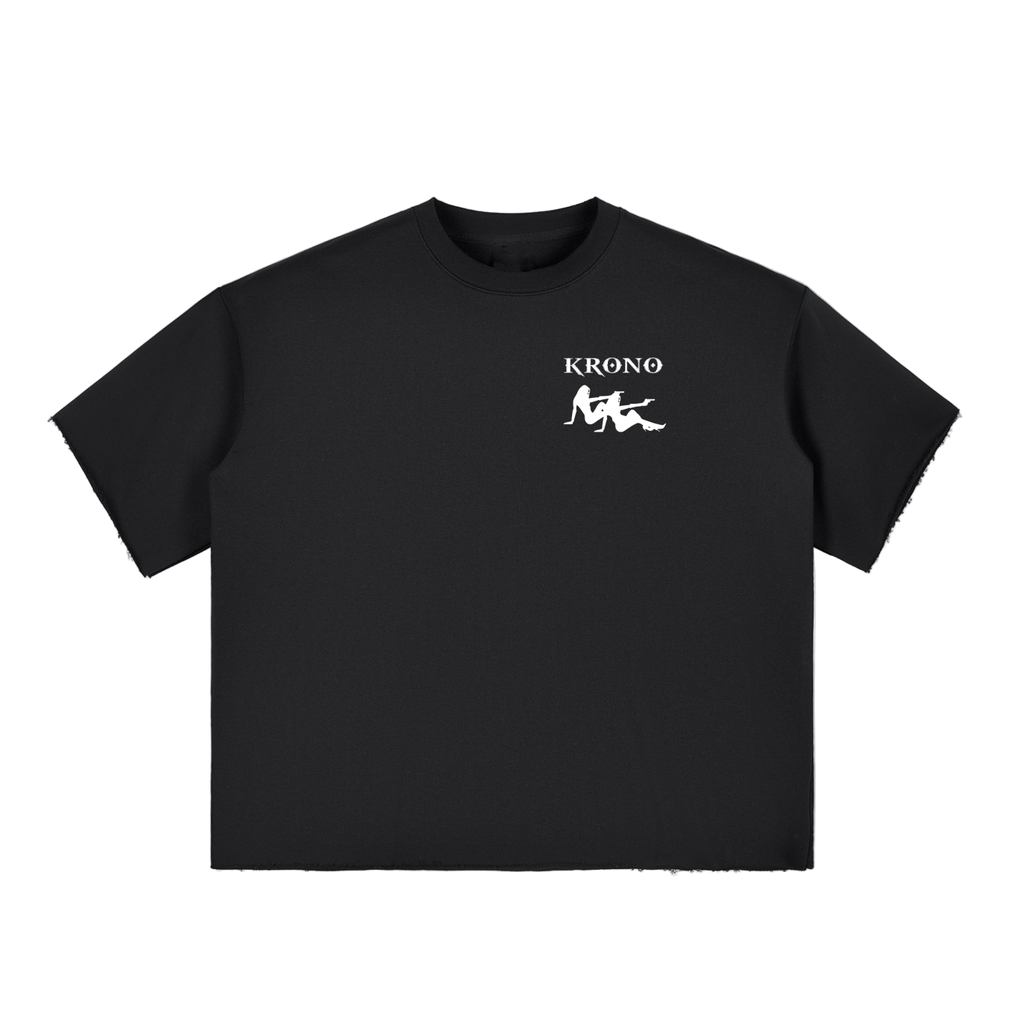 Black t-shirt with white logo on a white background