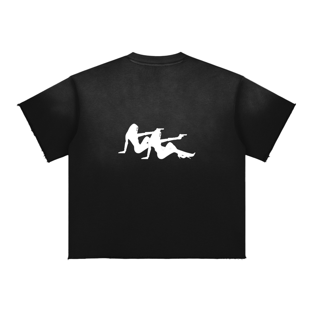 Black t-shirt with white graphic design on a white background