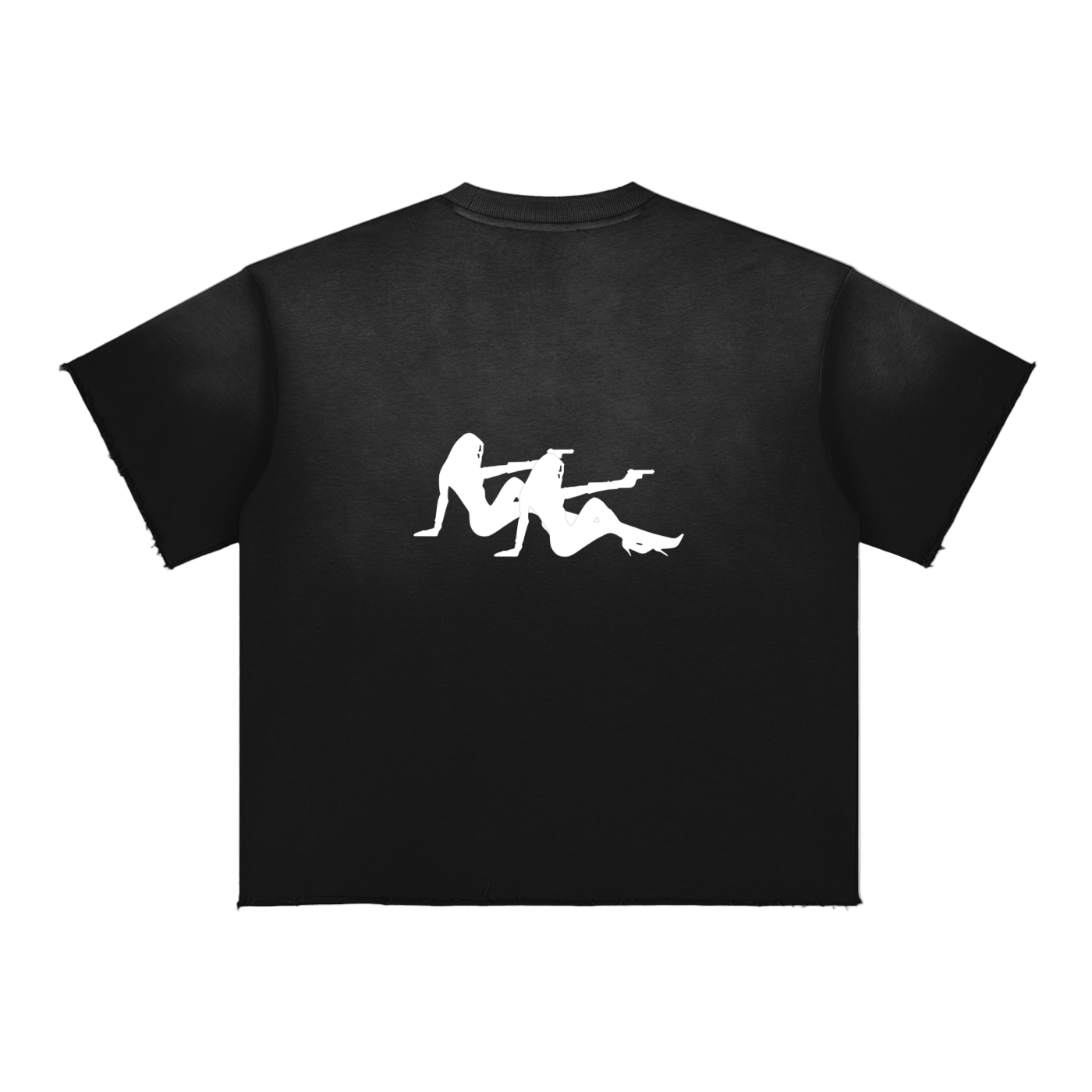 Black t-shirt with white graphic design on a white background