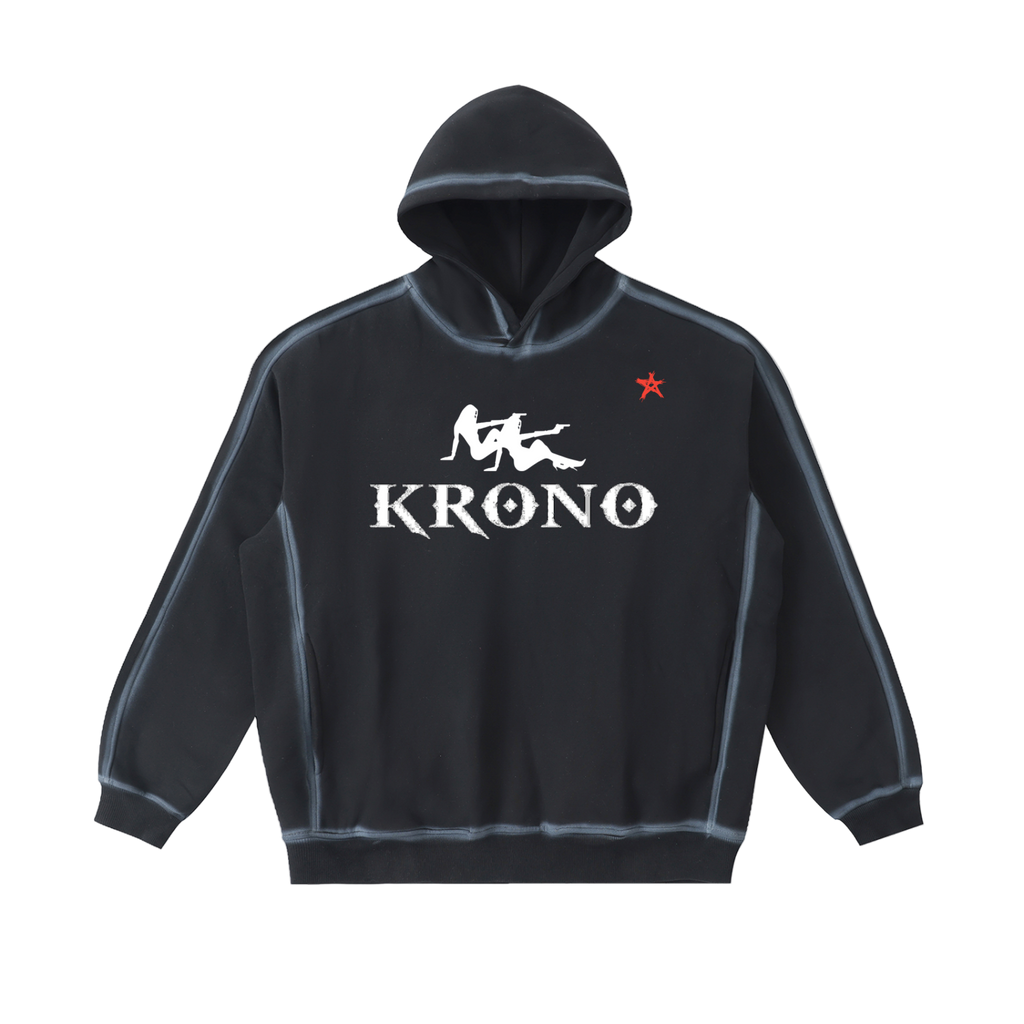 Black hoodie with 'Krono' logo on a white background
