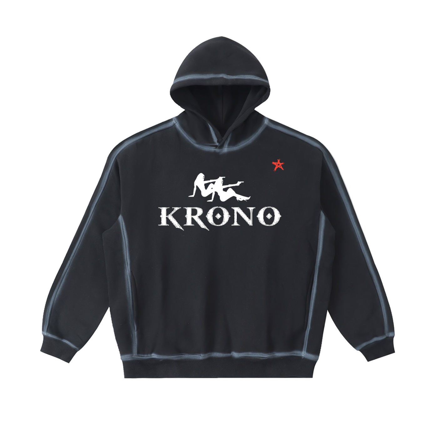 Black hoodie with 'Krono' logo on a white background