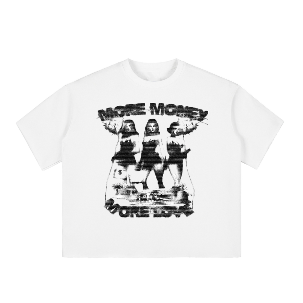 White t-shirt with black graphic design and text on a white background