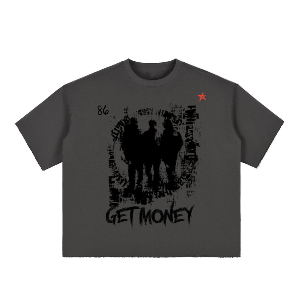 Gray t-shirt with black graphic design and '86 GET MONEY' text on a white background