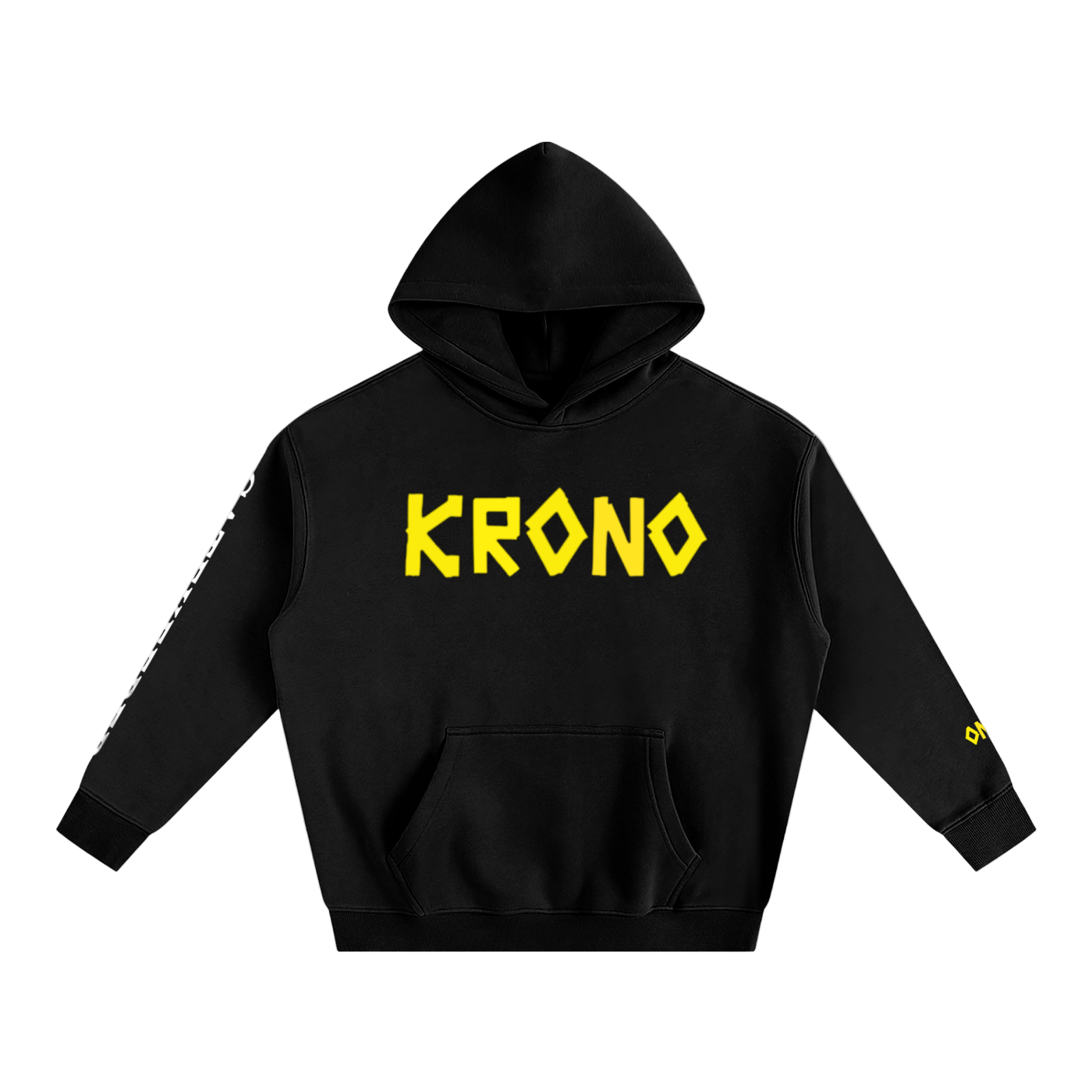 Black hoodie with yellow 'KRONO' text on a white background