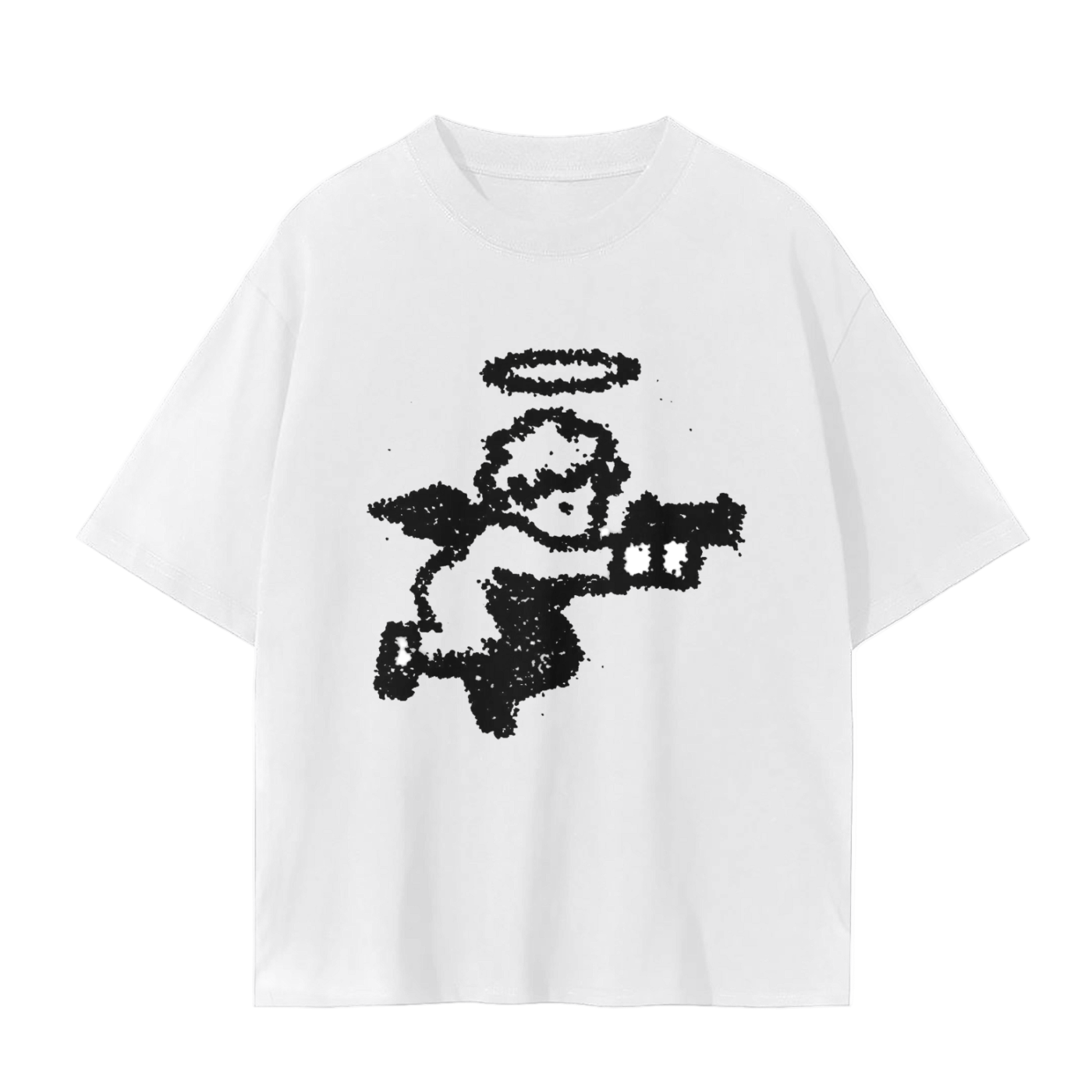 White t-shirt with black sequin angel design on a white background