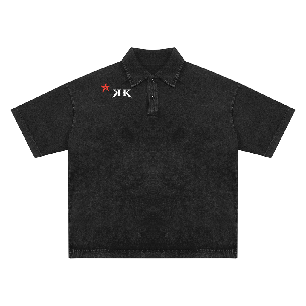 Black polo shirt with a logo on a white background