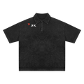 Black polo shirt with a logo on a white background