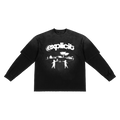 Black long-sleeve shirt with 'explicit' text and graphic design on a white background