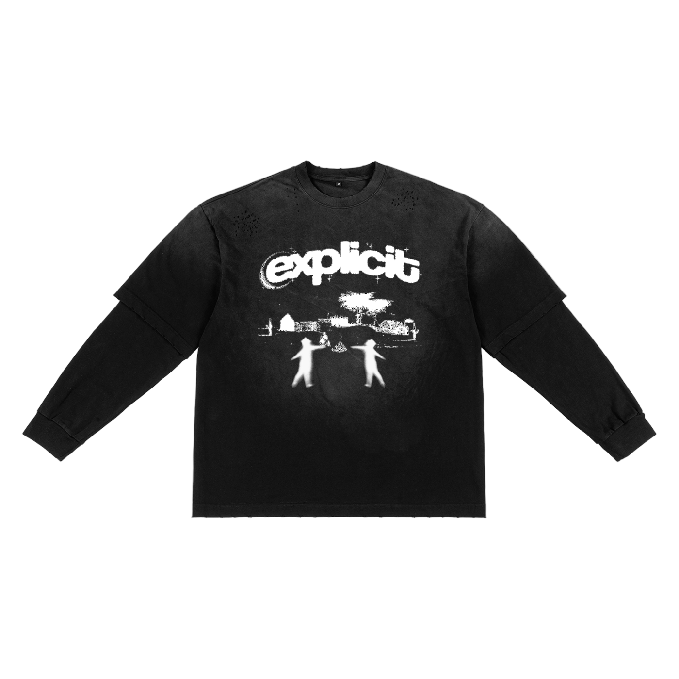 Black long-sleeve shirt with 'explicit' text and graphic design on a white background