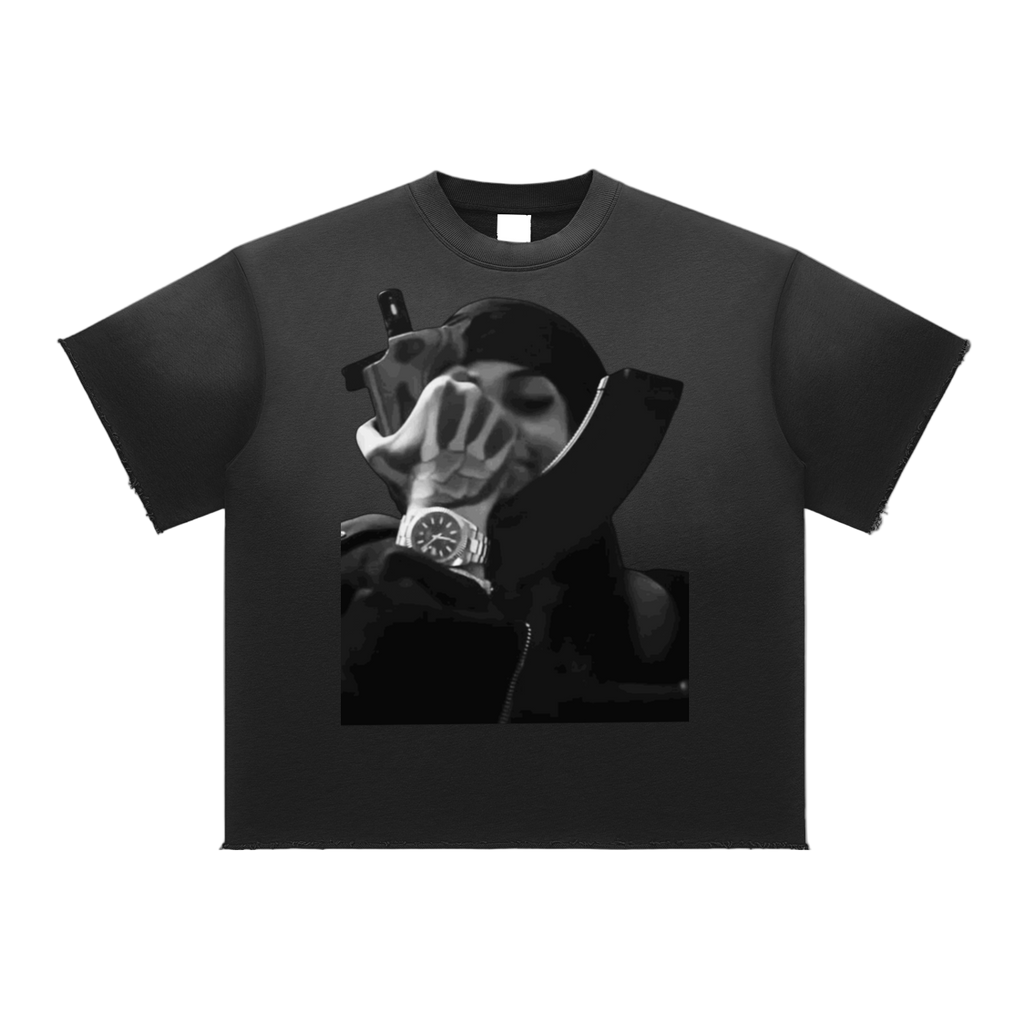 Black t-shirt with graphic design on a white background