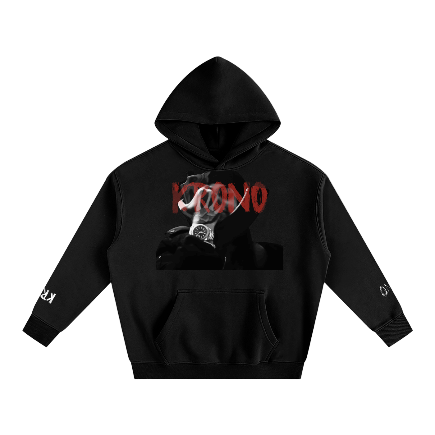 Black hoodie with graphic design and text on a white background