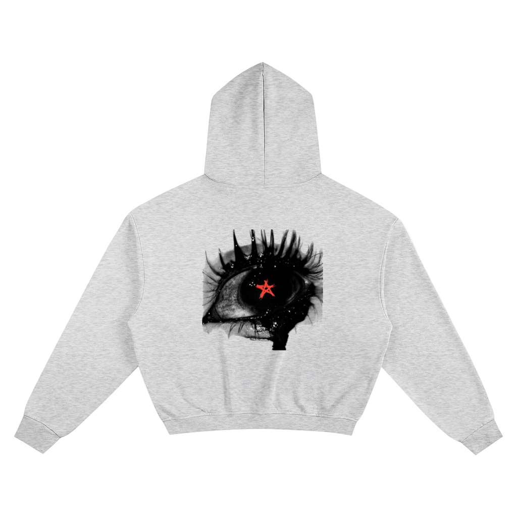 Gray hoodie with a unique eye design on the back against a white background